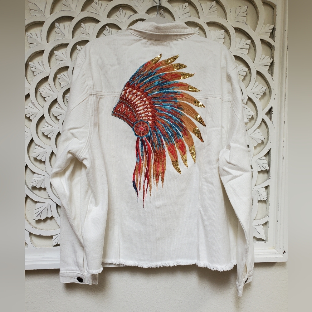 Rare Deadstock Savanna Jane Indian Headress White Distressed Denim Jacket  3X